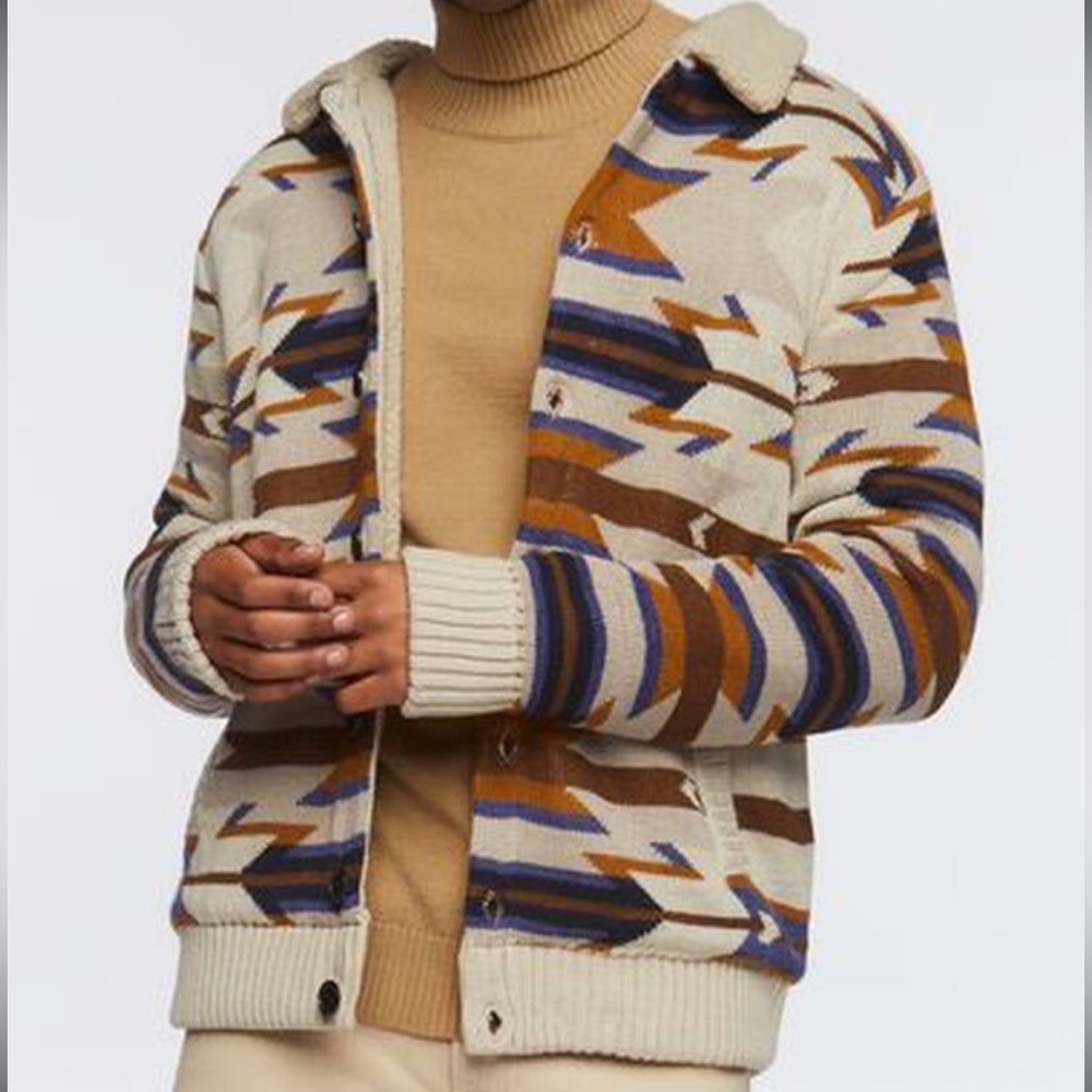 Faux Shearling Geo Aztec Cardigan Sweater